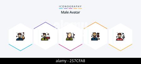 Male Avatar 25 FilledLine icon pack including audio. soldier. fencing. pilot. sport Stock Vector