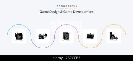 Game Design And Game Development Glyph 5 Icon Pack Including mission. game. publish. script. developer Stock Vector