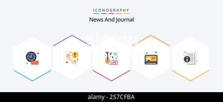 News 25 Flat icon pack including about. video. music news. play. news Stock Vector