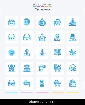 Creative Technology 25 Blue icon pack  Such As wifi. technology. watch. lock. technology Stock Vector