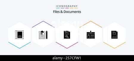 Files And Documents 25 Glyph icon pack including document. badge. notepad. find. document Stock Vector