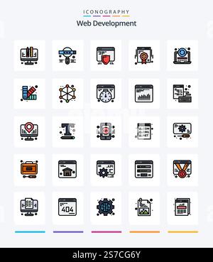 Creative Web Development 25 Line FIlled icon pack  Such As refresh. web quality. protection. web. badge Stock Vector