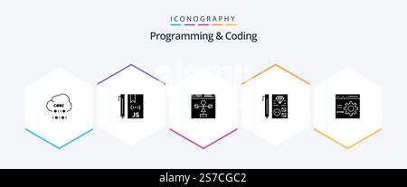 Programming And Coding 25 Glyph icon pack including develop. browser. flowchart. programming. development Stock Vector