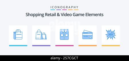 Shoping Retail And Video Game Elements Blue 5 Icon Pack Including . new. card. tag . ecommerce. Creative Icons Design Stock Vector