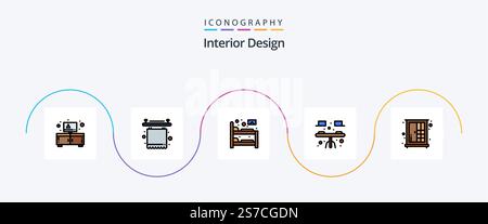 Interior Design Line Filled Flat 5 Icon Pack Including furniture. table. bed. interior. desk Stock Vector