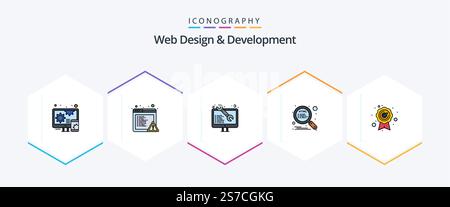 Web Design And Development 25 FilledLine icon pack including quality. best quality. web. seo. optimization Stock Vector