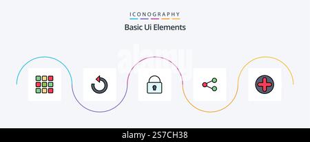 Basic Ui Elements Line Filled Flat 5 Icon Pack Including sign. sharing. lock. social . media Stock Vector