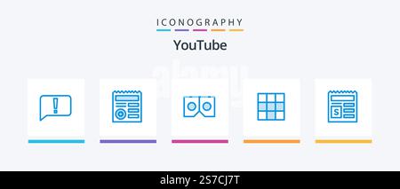 Youtube Blue 5 Icon Pack Including document. basic. 3d. basic. menu. Creative Icons Design Stock Vector