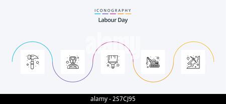 Labour Day Line 5 Icon Pack Including . pick. tool. mining. cave Stock Vector
