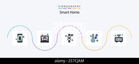 Smart Home Line Filled Flat 5 Icon Pack Including watch. thermometer. access. temperature. screen Stock Vector