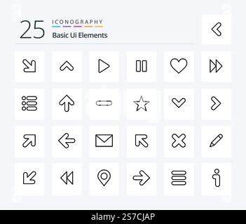 Basic Ui Elements 25 Line icon pack including sign. love. media. vedio. media Stock Vector