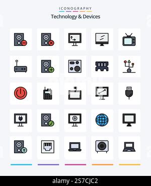 Creative Devices 25 Line FIlled icon pack  Such As computers. modem. computer. hub. tv Stock Vector