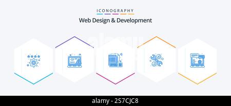 Web Design And Development 25 Blue icon pack including browser. tool. error. repair. keyboard Stock Vector