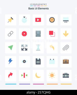 Creative Basic Ui Elements 25 Flat icon pack  Such As monitor. clock. youtube. timer. watch Stock Vector