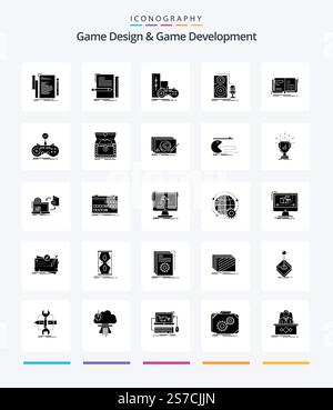 Creative Game Design And Game Development 25 Glyph Solid Black icon pack  Such As open. author. play. sound. microphone Stock Vector