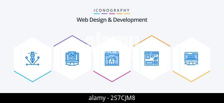 Web Design And Development 25 Blue icon pack including advert. web. web. page. browser Stock Vector