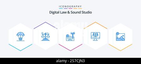 Digital Law And Sound Studio 25 Blue icon pack including tecnology. digital law online. judgment. laywer. internet Stock Vector