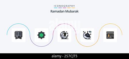 Ramadan Line Filled Flat 5 Icon Pack Including mosque. moon. star. cresent. lamp Stock Vector