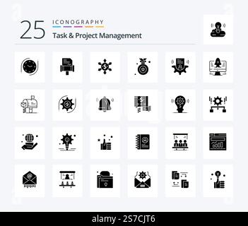 Task And Project Management 25 Solid Glyph icon pack including setting . medal. award badge . Stock Vector