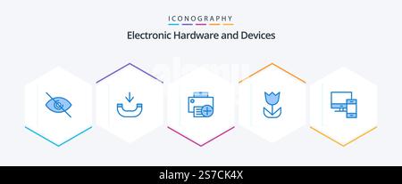 Devices 25 Blue icon pack including mac. computer. devices. photo. flower Stock Vector