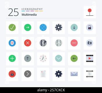 Multimedia 25 Flat Color icon pack including arrow. media player. next. media. multimedia Stock Vector