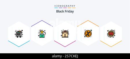 Black Friday 25 FilledLine icon pack including sale discount. discount. like. badge. gift Stock Vector