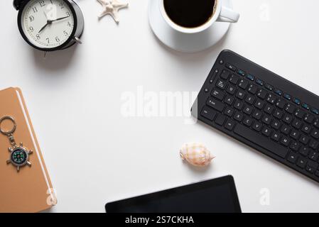 Black keyboard on a table, desk top view, flat lay Stock Photo