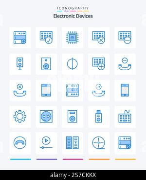 Creative Devices 25 Blue icon pack  Such As electronics. keyboard. chip. hardware. devices Stock Vector
