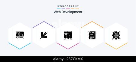 Web Development 25 Glyph icon pack including interface. web stats. protection. graph. chart Stock Vector