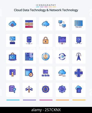 Creative Cloud Data Technology And Network Technology 25 Line FIlled icon pack  Such As computer. computers. cloud. computing. computer Stock Vector