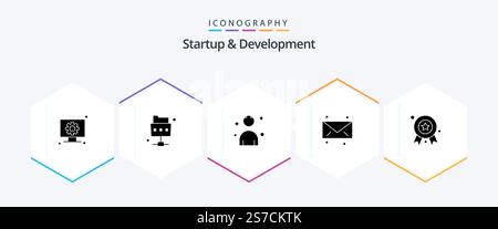 Startup And Develepment 25 Glyph icon pack including . award ribbon. man. award badge. email Stock Vector