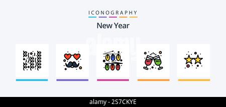 New Year Line Filled 5 Icon Pack Including gift. stars. card. party. firecracker. Creative Icons Design Stock Vector
