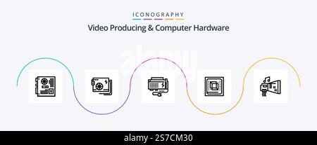 Video Producing And Computer Hardware Line 5 Icon Pack Including cpu. chip. power. source. computer Stock Vector