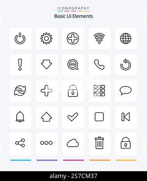 Creative Basic Ui Elements 25 OutLine icon pack  Such As ineternet. globe. sign. world. servics Stock Vector