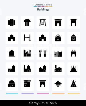 Creative Buildings 25 Glyph Solid Black icon pack  Such As architecture. marketplace. court of law. institute building. swing Stock Vector