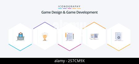 Game Design And Game Development 25 Flat icon pack including open. author. prize. script. file Stock Vector