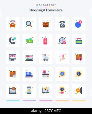 Creative Shopping And Ecommerce 25 Flat icon pack  Such As time. globe. pack. communication. phone Stock Vector