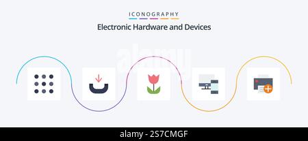 Devices Flat 5 Icon Pack Including devices. add. macro. phone. mac Stock Vector