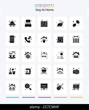 Creative Stay At Home 25 Glyph Solid Black icon pack  Such As balloon. ironing. movie. iron. tutorials Stock Vector