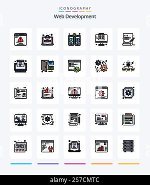Creative Web Development 25 Line FIlled icon pack  Such As code. programming. mobile. language. app Stock Vector