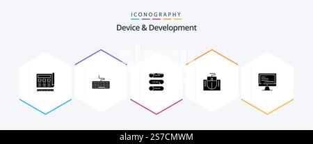 Device And Development 25 Glyph icon pack including computer. hardware. education. computer. on off Stock Vector