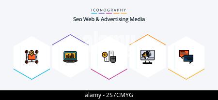 Seo Web And Advertising Media 25 FilledLine icon pack including high volume. connection. analytics. dollor. connect Stock Vector