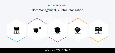 Data Management And Data Organization 25 Glyph icon pack including management. setting. cv. speed. performance Stock Vector