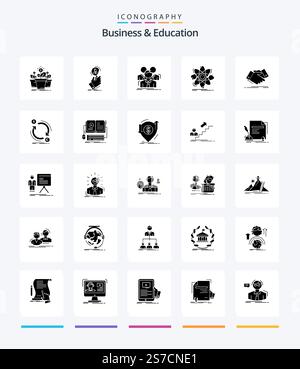 Creative Business And Education 25 Glyph Solid Black icon pack  Such As chemistry. atom. human resource. group. business Stock Vector