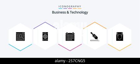 Business and Technology 25 Glyph icon pack including cart. technology. calendar. pin. audio cable Stock Vector