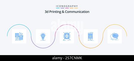 3d Printing And Communication Blue 5 Icon Pack Including cube. box. printing. 3d. rapid Stock Vector