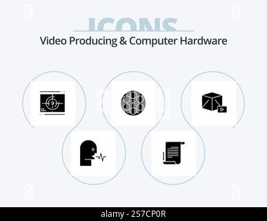 Video Producing And Computer Hardware Glyph Icon Pack 5 Icon Design. tank. movie. screenplay. film. opening Stock Vector