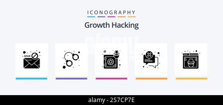Hacking Glyph 5 Icon Pack Including message. chat. jail. attention. safe. Creative Icons Design Stock Vector