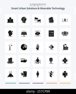 Creative Smart Urban Solutions And Wearable Technology 25 Glyph Solid Black icon pack  Such As smart city. building. satellite. technology. security Stock Vector
