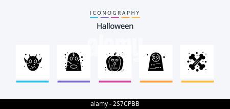Halloween Glyph 5 Icon Pack Including cross bone. scary. face. halloween costume. dead woman. Creative Icons Design Stock Vector
